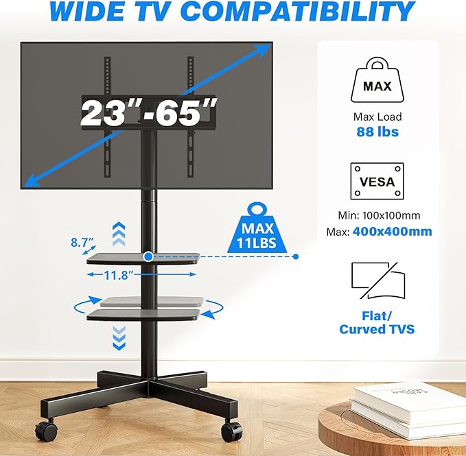 Rfiver Mobile TV Stand for 23-65 Inch LCD LED Flat/Curved Panel Screen TVs up