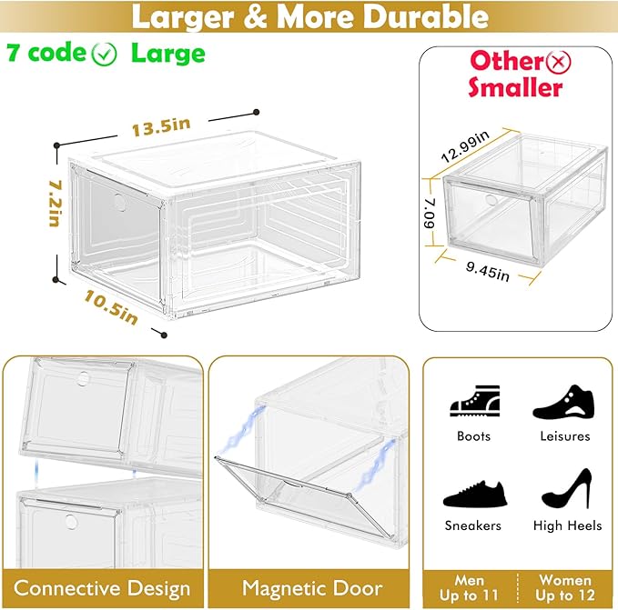 7 code Large Clear Shoe Boxes Organizer【Thicker Material】 Stronger Shoe Box