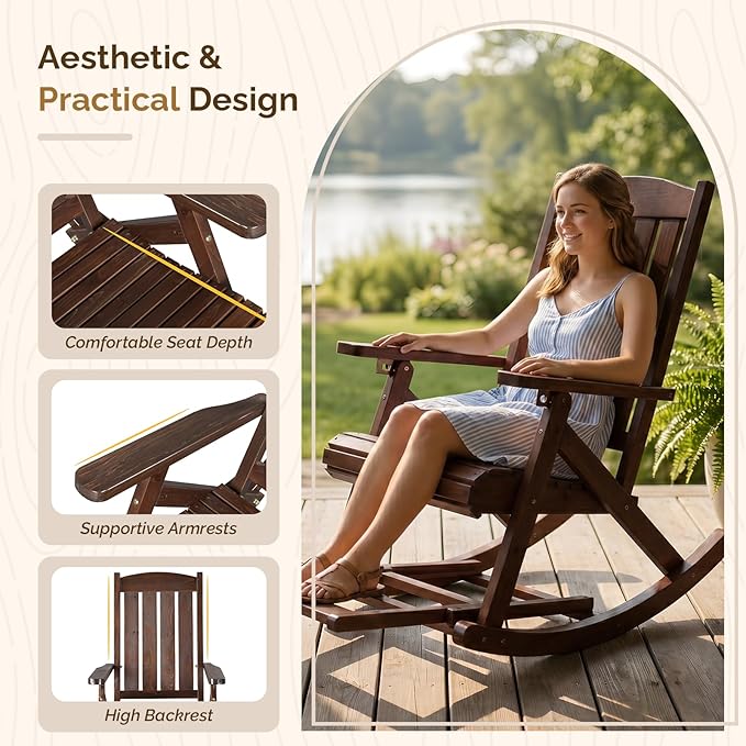 VINGLI Wooden Porch Rocking Chair, Heavy Duty Outdoor Rocking Chair