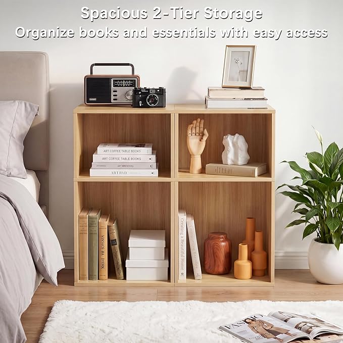YAHARBO 2 Cube Bookshelf, Natural Record Player Stand