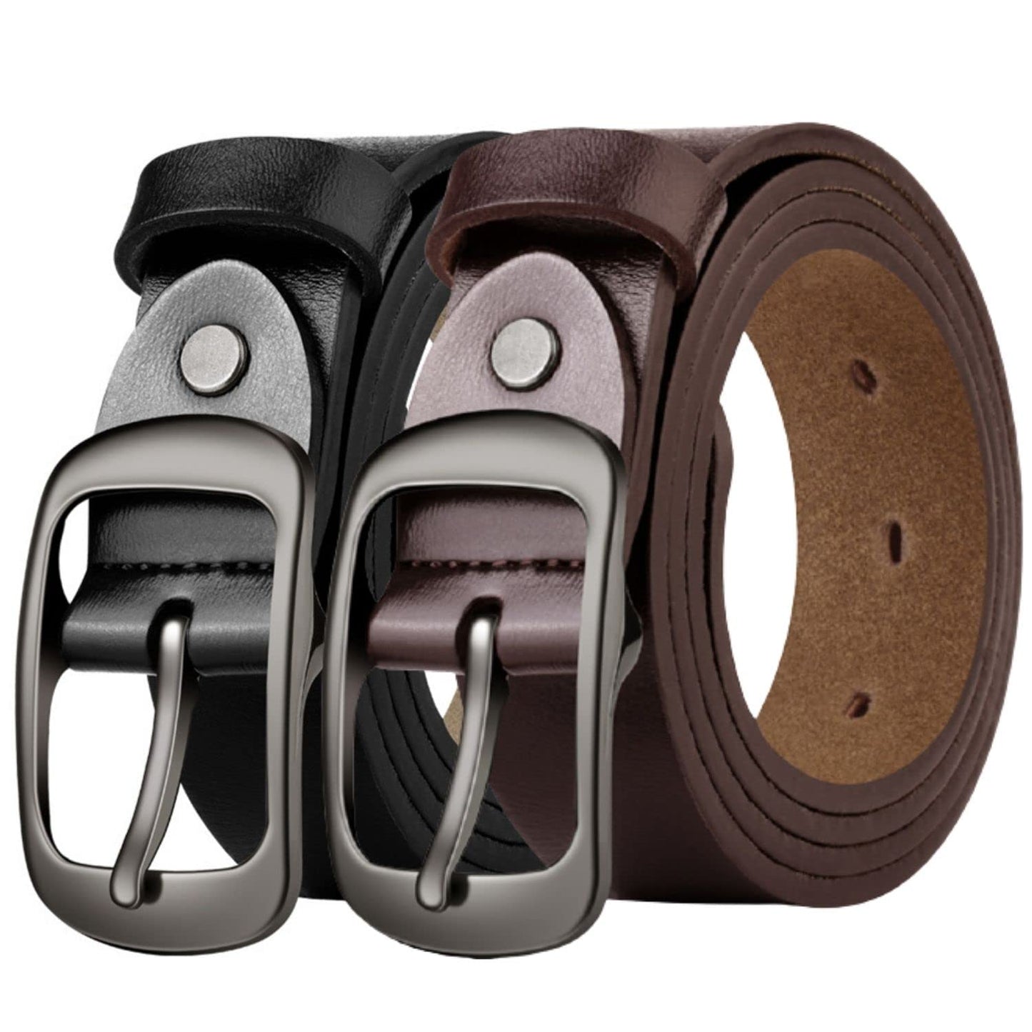 West Leathers [2 Pack Women's Belts Genuine Leather Belts, Fashion Cowhide Waist Belt with Pin Buckle for Jeans Pants and dresses Black&Brown