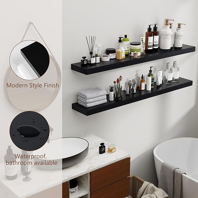 fuqing Black Floating Shelves 48 Inch, Solid Wood Wall Mounted Shelves Set of 2