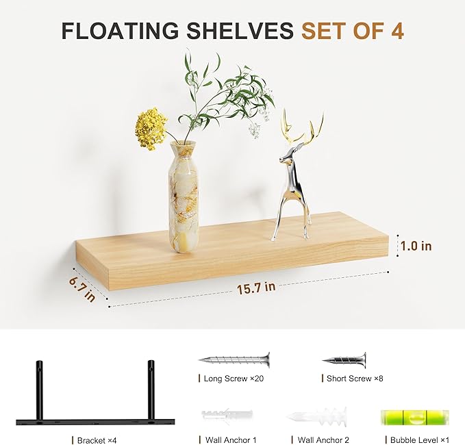 Bellsal Floating Shelves for Wall, Maple Wood Wall Shelf Set of 4, Living Room