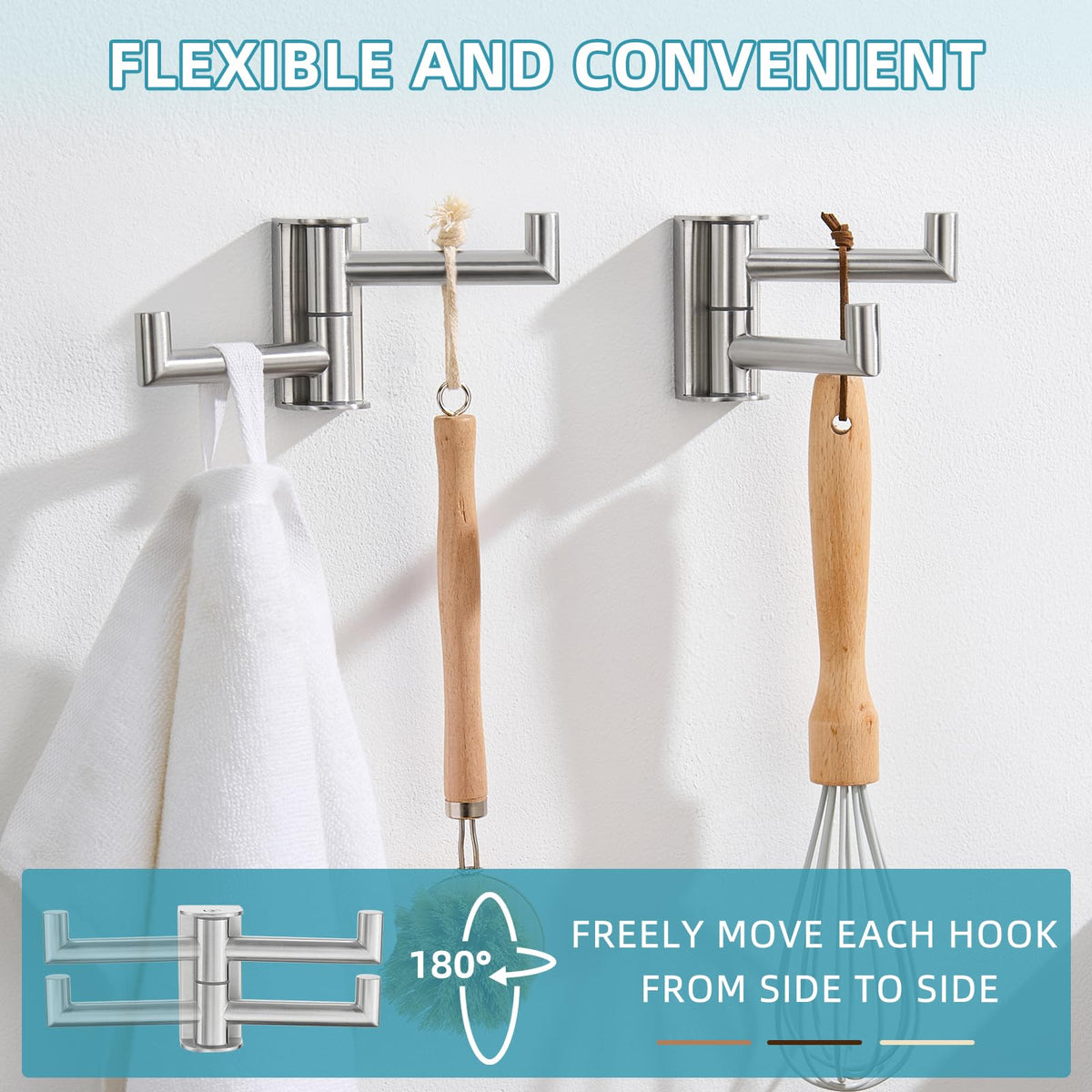 Angle Simple Swivel Towel Double Hook 2 Pack, Brushed Nickel 304 Stainless Steel Bathroom Robe Hook