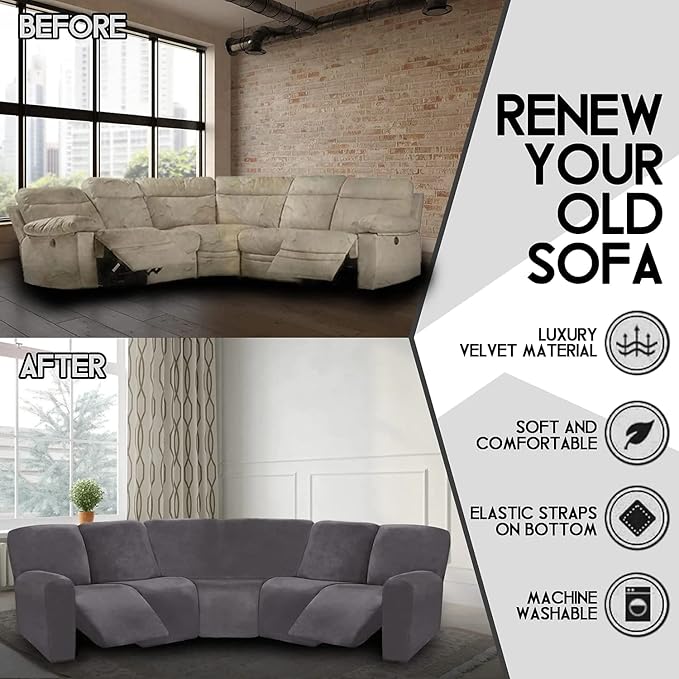 LightInTheBox 7-Piece Velvet Stretch Reclining Couch Covers 5 Seats Corner Sofa