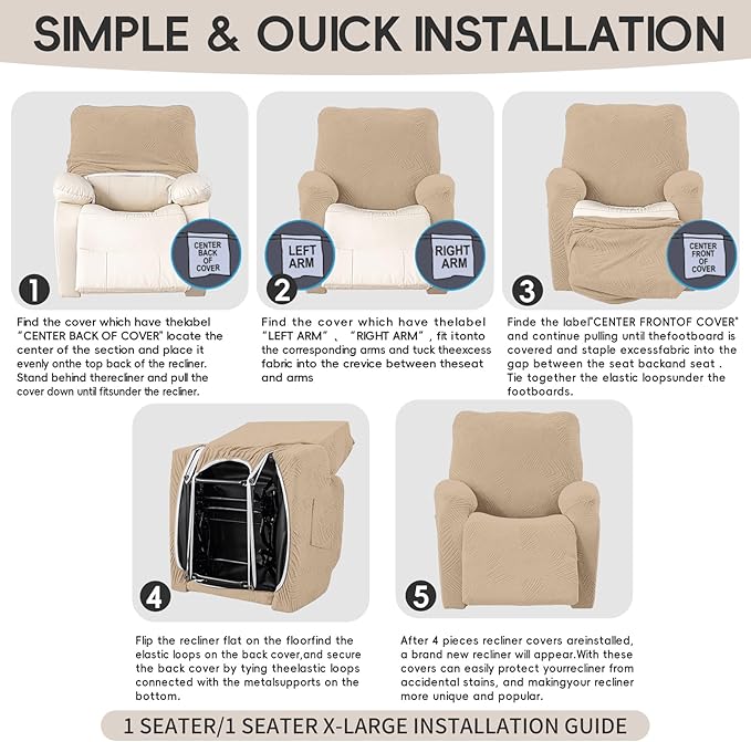 Recliner Chair Covers, 4-Piece Stretch Geometric Strokes Jacquard Reclining