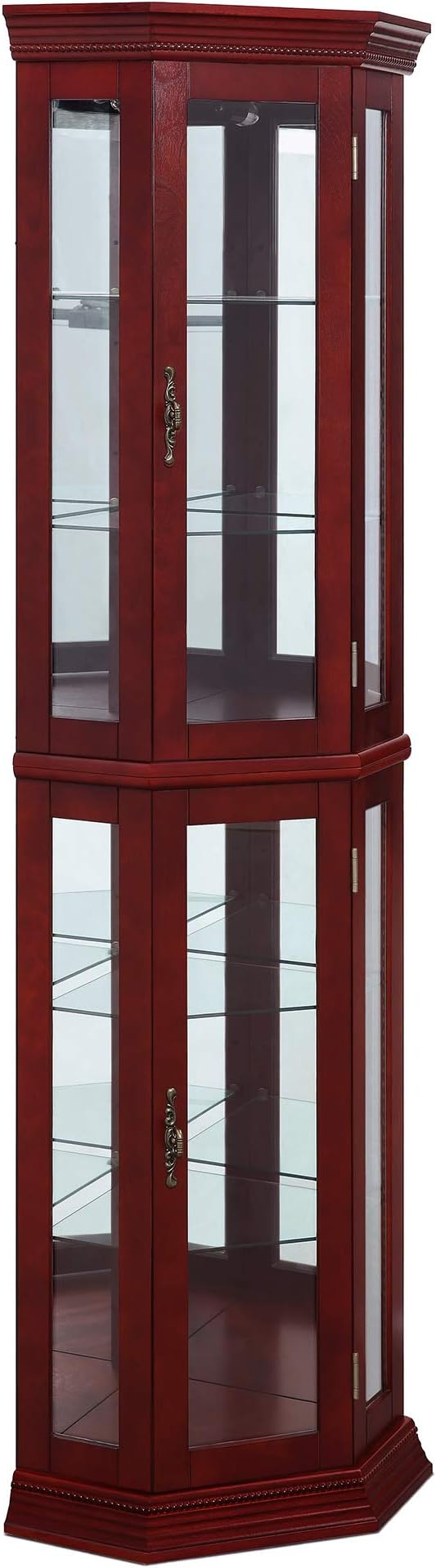 BELLEZE Lighted Wooden Corner Display Curio Cabinet, Two Section Shelving Unit