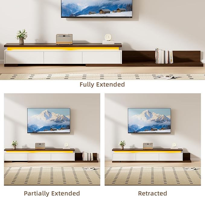 Extendable TV Stand with LED Lights, Modern TV Console with 3 Drawers, Wooden
