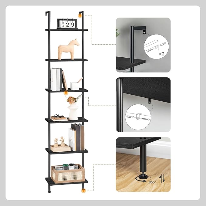 HOOBRO DIY Ladder Shelf, 6-Tier Wooden Wall Mounted Bookshelf, Narrow Bookcase