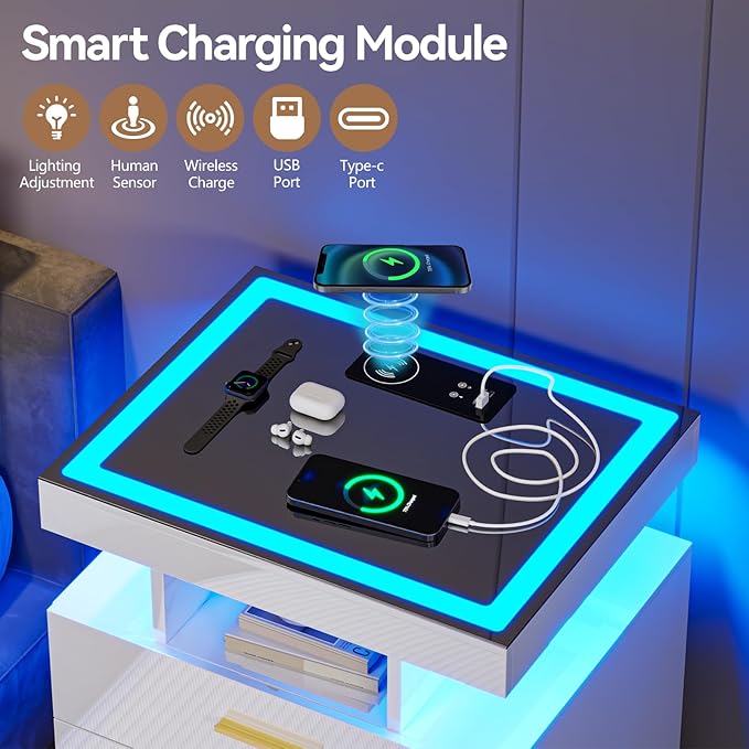 White Night Stand with Wireless Charging Station, Smart Bedside Table with 3