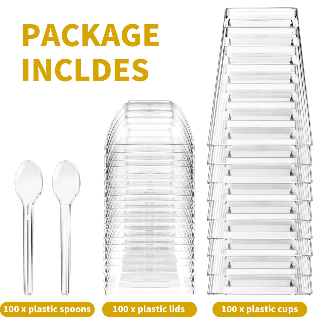 XCRUI 100Pack 5oz Dessert Cups with Lids and Spoons,Plastic Parfait Appetizer Cup,Disposable Plastic Cups, Great for Desserts, Appetizers, Puddings, Mousse