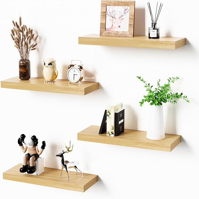 Bellsal Floating Shelves for Wall, Maple Wood Wall Shelf Set of 4, Living Room