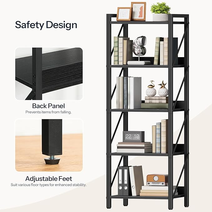 HOOBRO Bookshelf, 5-Tier Industrial Bookcase, Book Shelf Storage Organizer