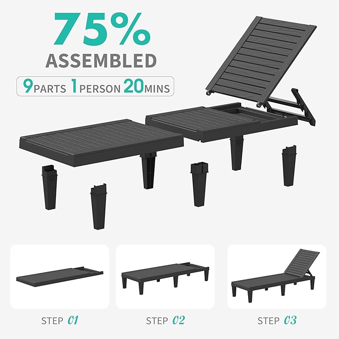 Outdoor Lounge Chair Set of 6, 5-Positions Adjustable Patio Chaise Lounges