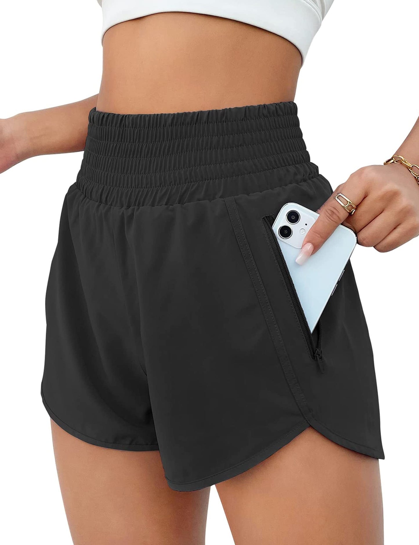 BMJL Women's Athletic Shorts High Waisted Running Short Pocket Sporty Shorts Gym Elastic Workout Shorts(M,Black)