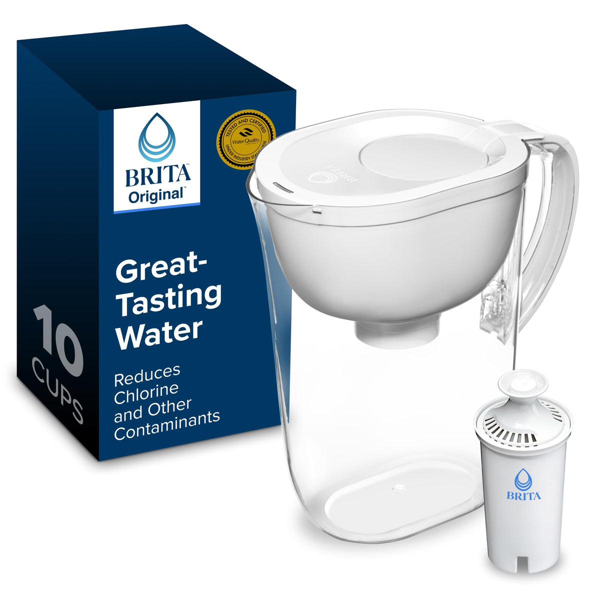 Brita Large Water Filter Pitcher for Tap and Drinking Water, Includes 1 Standard Filter, BPA-Free, Lasts Two Months, 10-Cup Capacity, Bright White