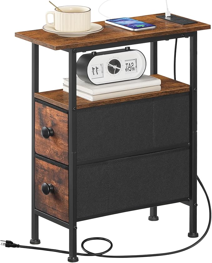 HOOBRO End Table with Charging Station, Narrow Side Table with 2 Fabric Drawers