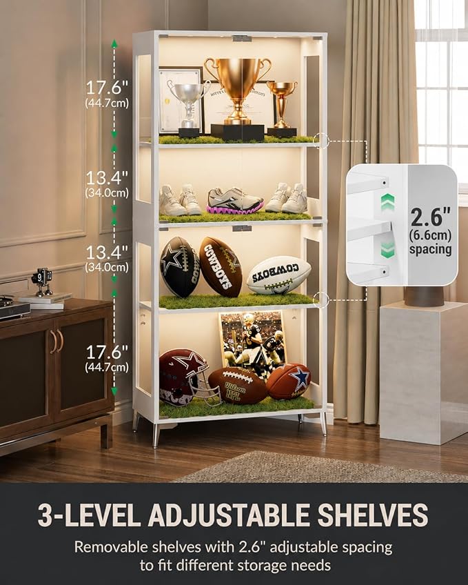 Display Cabinet with Glass Doors, 4-Tier Curio Cabinet, Adjustable Shelves