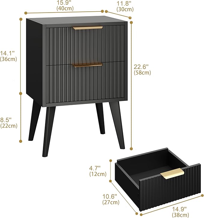 YAUKOMEL Small Black Night Stand, Mid Century Modern Bedside Table, Nightstand