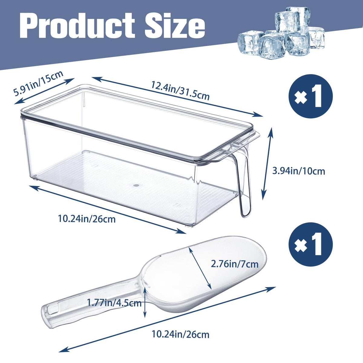 Havawish 2 Pcs Ice Storage Bin for Freezer with Lid and Flexible Scoop Set Plastic Ice Container with Lid Handle for Home Office Fridge Storage (12.4 x 5.91 x 3.94 Inches,Clear)