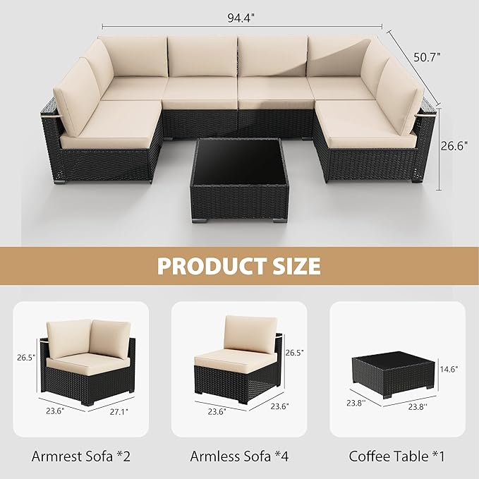 KIGOTY 7-Piece Patio Furniture Set, All-Weather PE Rattan Outdoor Sectional Sofa