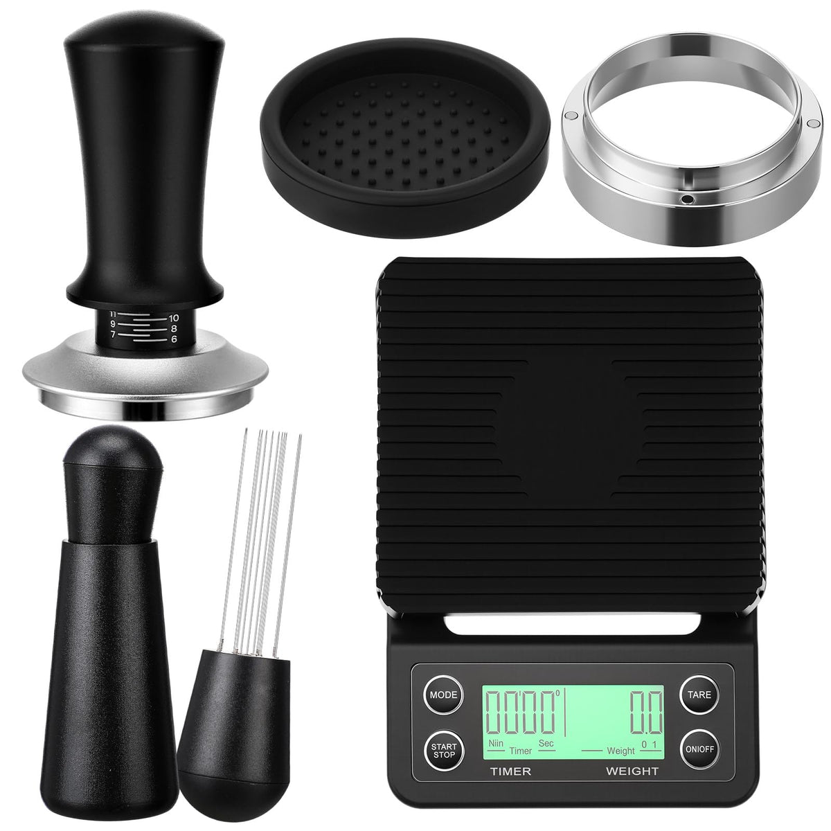 Acellegic 5 Pcs 51mm Espresso Accessories Kit, 3kg/0.1g Accurate Coffee Scale with Timer, Coffee Distributor Spring Loaded Calibrated Tamper WDT Tool and Dosing Funnel Set Fits 51mm Espresso Machines
