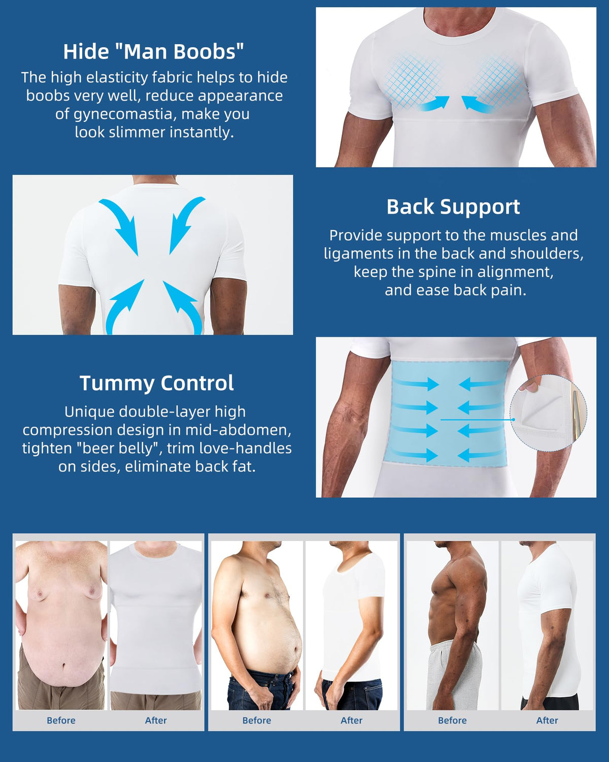 KOCLES Mens Slimming Compression Shirt, Slimming Undershirt Shirts for Men Body Shaper Shapewear Tummy Control -Hide Gynecomastia Man Boobes (X-Large, White)