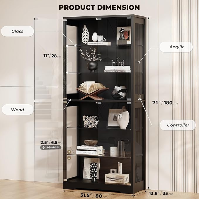 BROTTAR Display Cabinet with Glass Door, 6-Tier 71" Curio Cabinet with 3 Color