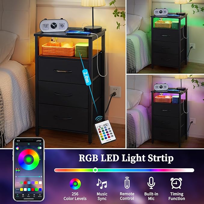 Yoobure Night Stand with Charging Station, 16 Colors LED Nightstand with USB