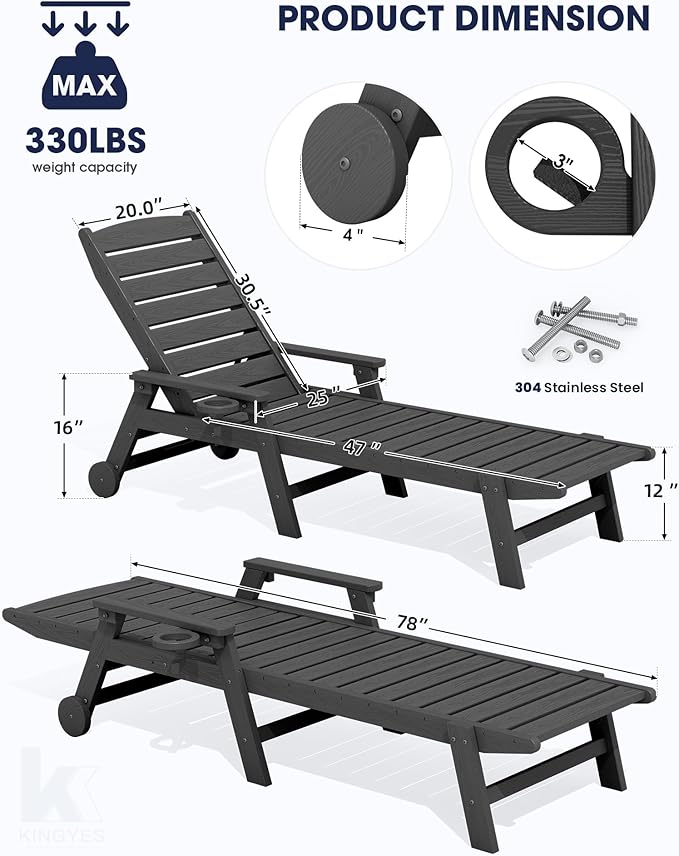 KINGYES HDPE Lounge Chair Outdoor Set of 2, Patio Chaise Lounge Recliner