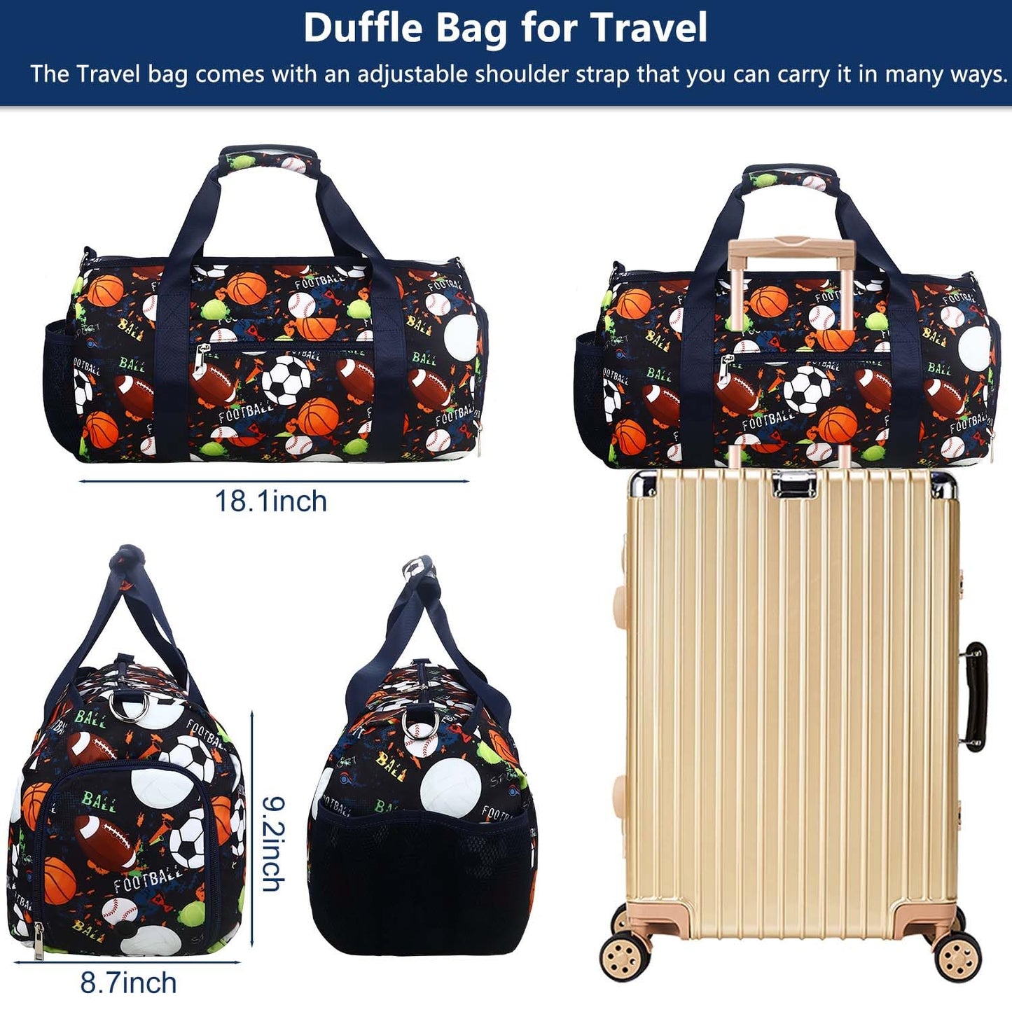 Gym Travel Duffle Bag for Boys - Gymnastics Sports Dance Bag with Shoe Compartment & Wet Pocket Football Kids Travel Bag Teens Weekender Sleepover Carry