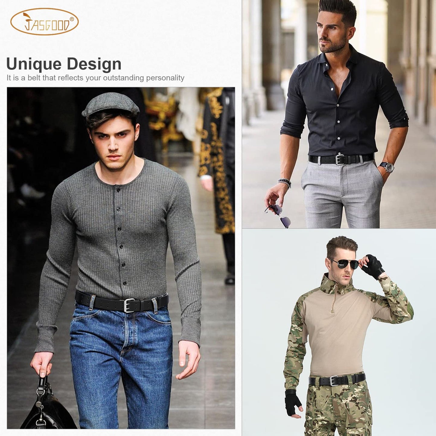 JASGOOD Men Double Prong Leather Belt Casual Work Heavy Duty Belt Double Grommet Holes Belt for Jeans (Black,Suit for Waist Size Below 51")
