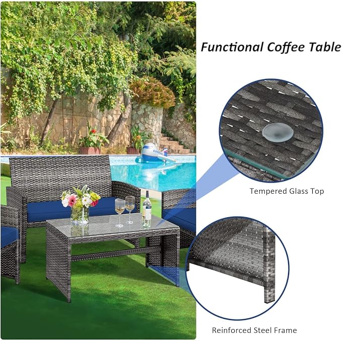Tangkula 4 PCS Wicker Patio Conversation Set, Outdoor Rattan Sofas
