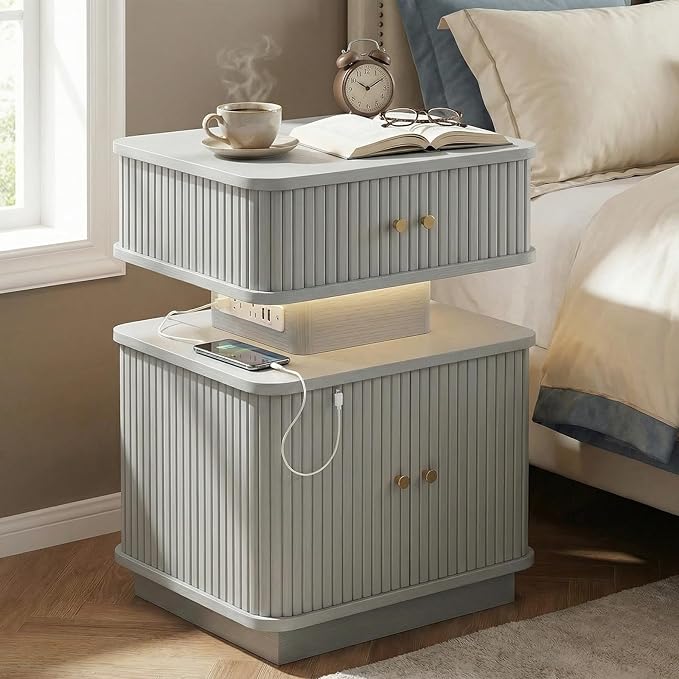 Nightstand with Charging Station, Modern Night Stand with Smart Led Light and 2