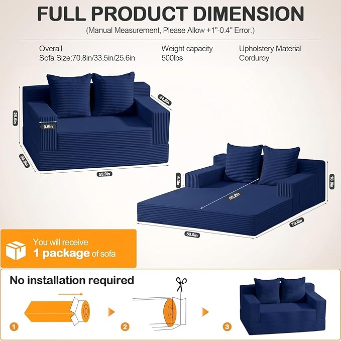 Erament Boneless Loveseat Convertible Sofa Bed, Folding Floor Futon Sleeper