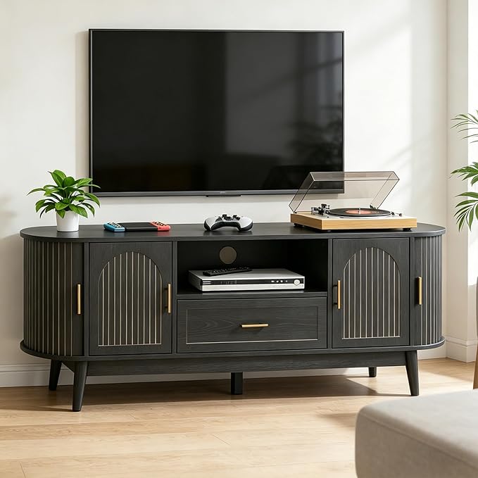 63" Fluted TV Stand for Tvs up to 70", Mid-Century Modern Entertainment Center