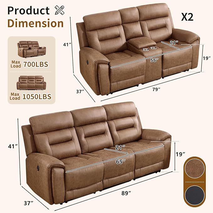 ANJ 3-Piece Faux Leather Power Recliner Sofa Set