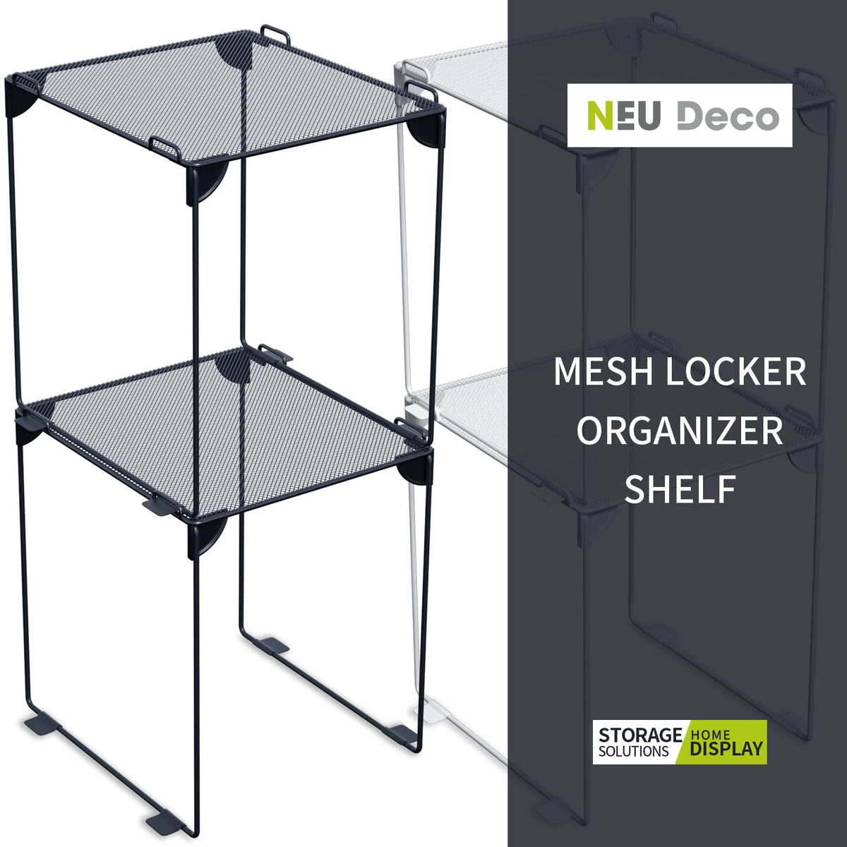 Neudeco Pack 2, Mesh Locker Shelf, Stackable Extra Tall Locker Organizer, Collapsible and Metal Build, Fits Standard Size School Locker, Suitable for Work, Kitchen, Bathroom (Grey)