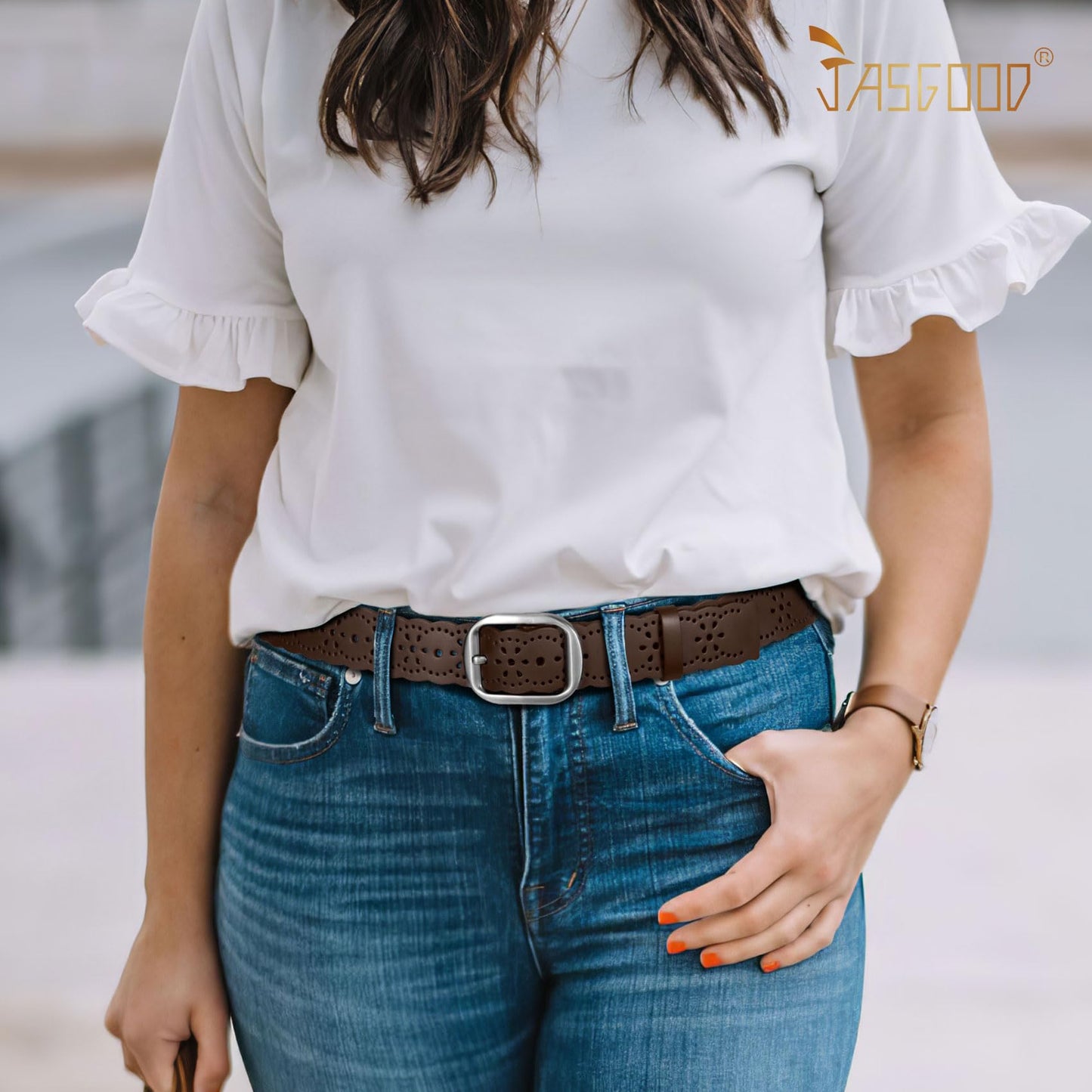 JASGOOD Women’s Hollow Flower Genuine Cowhide Leather Belt With Alloy Buckle needs dark brown and a size Waist Size 26-30 Inch