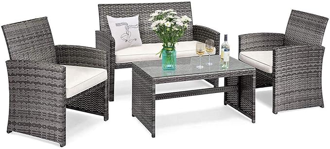 Tangkula 4 PCS Wicker Patio Conversation Set, Outdoor Rattan Sofas