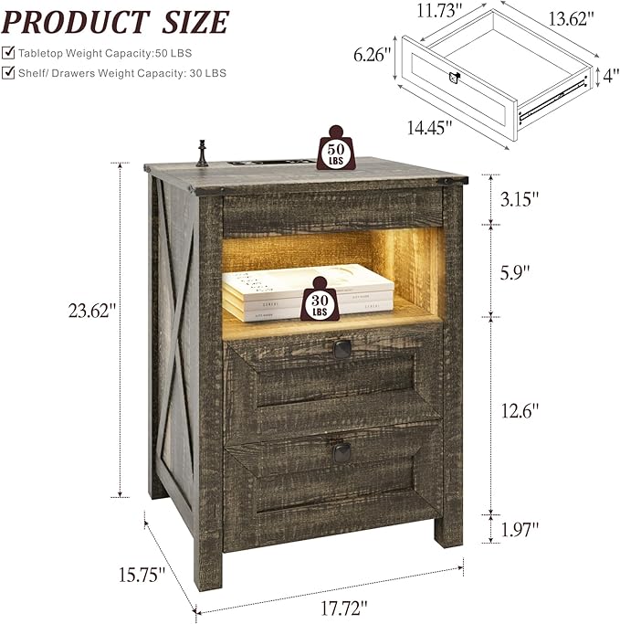 HWB Nightstands Set of 2 with Hidden Drawer, Farmhouse Bedside Table with