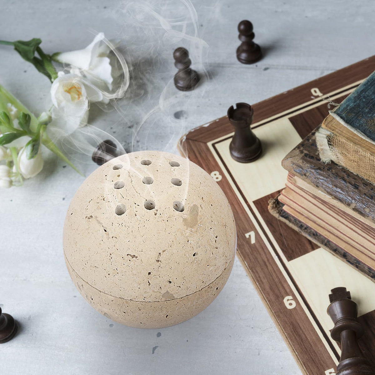 ELLDOO Natural Travertine Incense Cone Holder, Home Decor Handmade Ball Shape Incense Burner for Yoga Meditation SPA Reading, Beige
