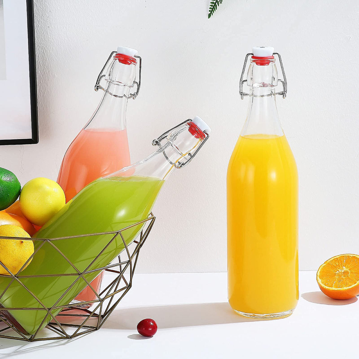 YEBODA Clear Glass Bottles with Stopper For Home Brewing Beer Kombucha Kefir & Airtight Silicone Seal 32 oz(4 Set)