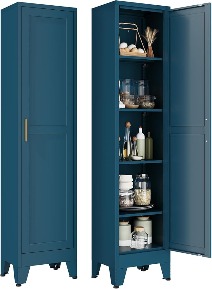YAUWOH White Narrow Metal Storage Cabinet, Tall Freestanding Cabinet