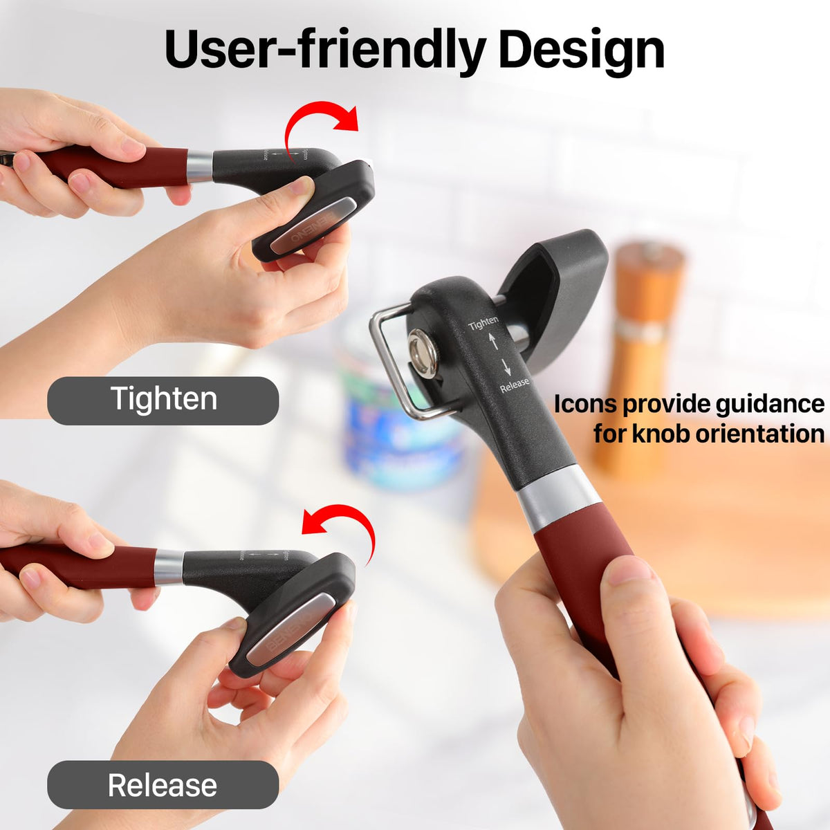Beneno Can Opener, Manual Side Safe Cut Can Opener Smooth Edge with Durable Sharp Blade, Effort-Saving Knob & Comfortable Non-slip Handle, Red