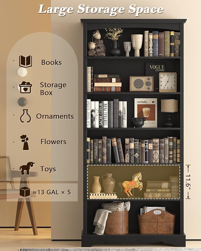 TVU 6-Tier Wooden Bookshelf, 76 Inch Tall Bookshelf