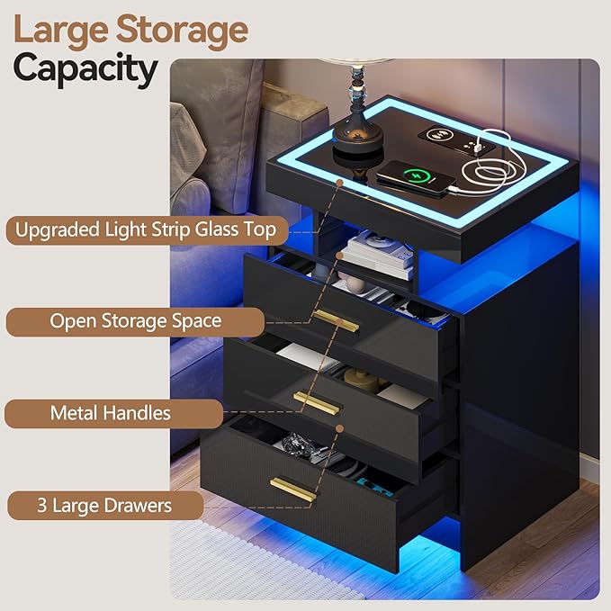 Black Night Stand Set 2 with Wireless Charging Station, Smart Bedside Table