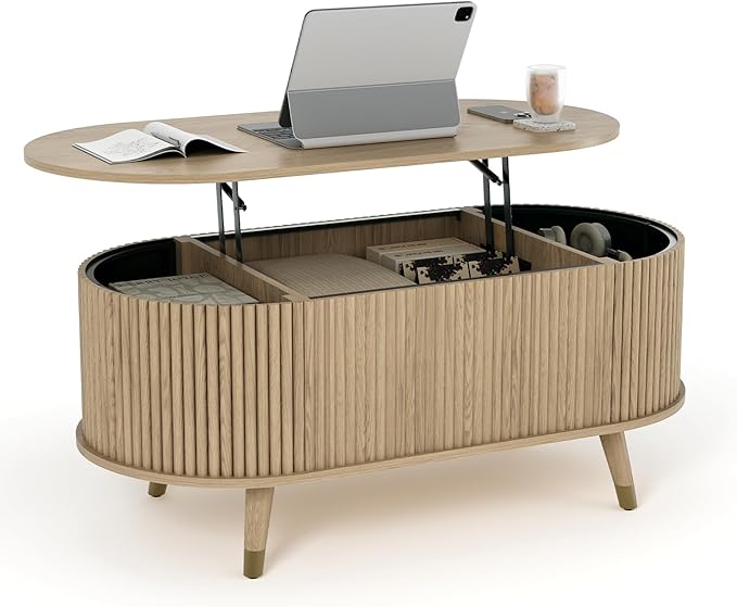 SULIVES Oval Coffee Table with Storage, Small Fluted Center Table