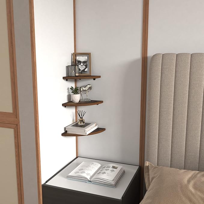 HORLIMER 6 Pack Wall Mount Floating Corner Shelf, Rustic Wood Corner Wall