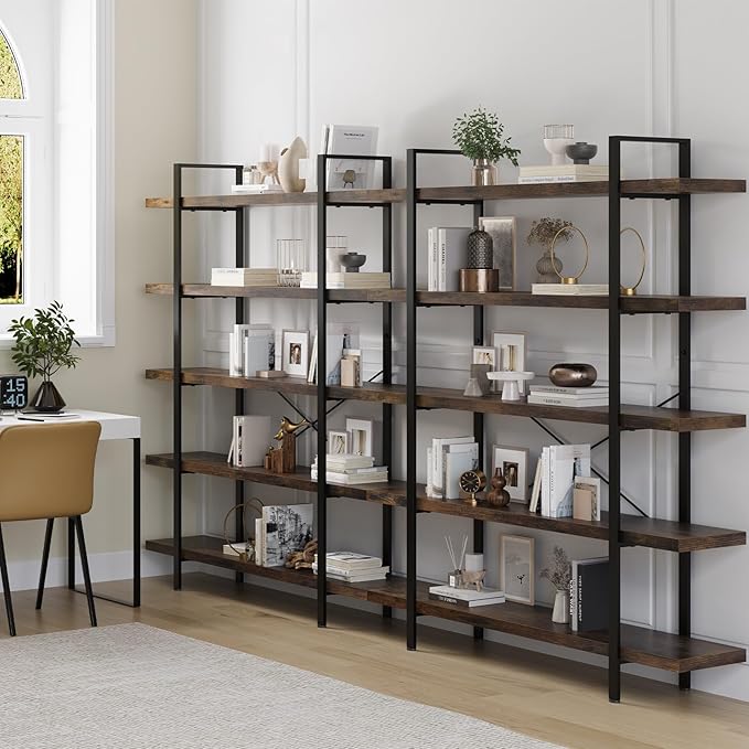 OtterOasis Bookshelf Set of 2, Heavy Duty 5-Tier Industrial Bookcase, 120lbs